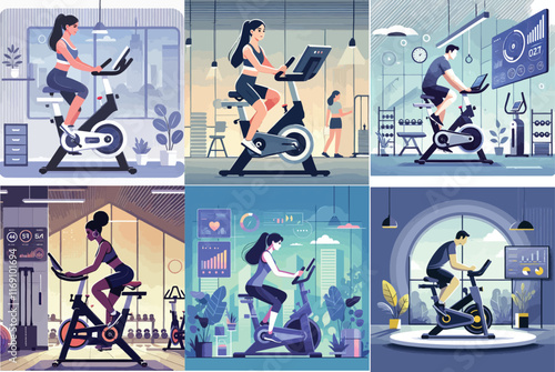 Someone is exercising on a stationary bike with flat and minimalist design stayle  Art & Illustration