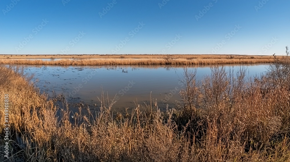 Calm lake in autumn with reeds and birds. Calm lake in autumn with reeds and birds.