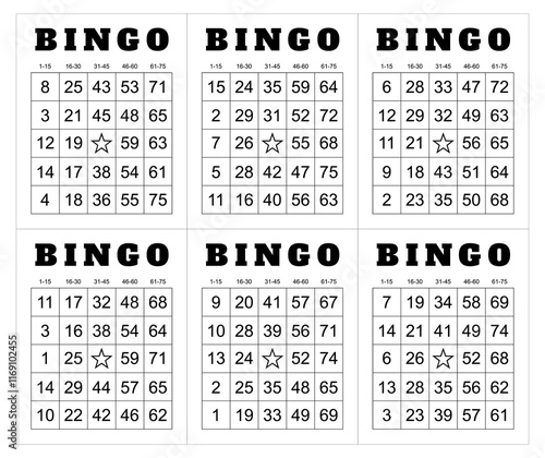 Bingo card random numbers printable template set. Vector illustration simple bingo card design.