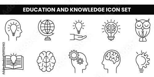 Education and knowledge icon set with lightbulbs, brains, books, and globes. Perfect for academic projects, learning resources, and educational-themed designs for schools or presentations.