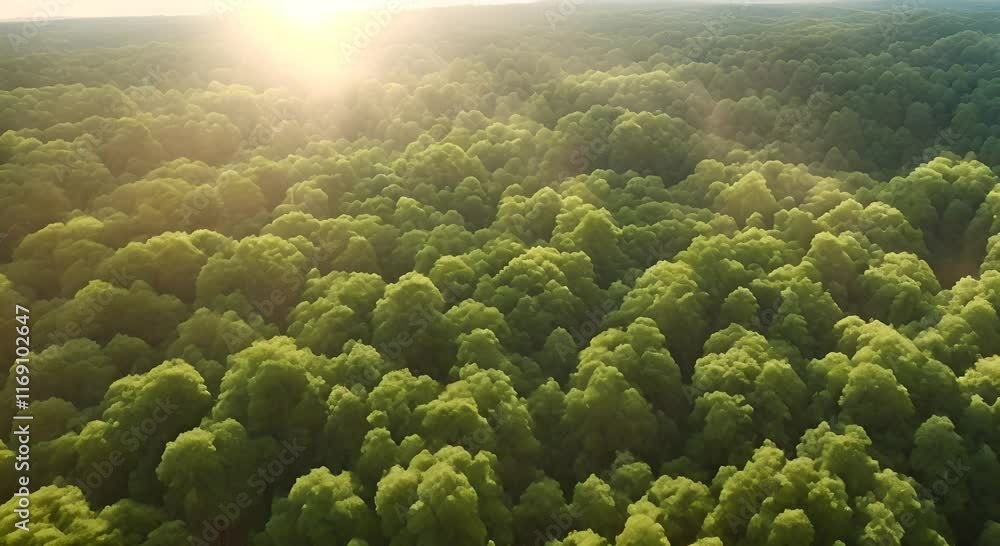 Aerial view of a lush green forest with sunlight filtering through the treetops, the camera slowly pans over the dense canopy, creating a serene and immersive natural atmosphere Aerial view of a lush green forest with sunlight filtering through the treetops, the camera slowly pans over the dense canopy, creating a serene and immersive natural atmosphere