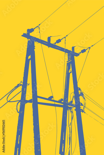 Electric pole poster blue and yellow graphics. Poster design with electricity industry - utility post illustration.