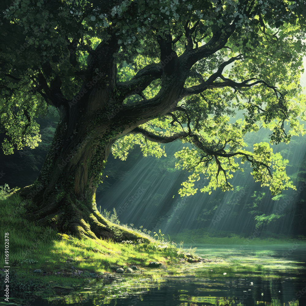 Fototapeta premium Serene forest scene with sunlight filtering through.