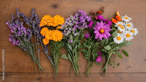 Wallpaper Mural Colorful Arrangement of Fresh Cut Flowers Including Lavender, Marigold, Daisy, and More on Wood Surface Torontodigital.ca