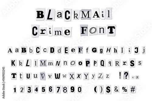 Ransom note font. Magazine and newspaper letters collection - vector design elements. Blackmail mafia crime concept.