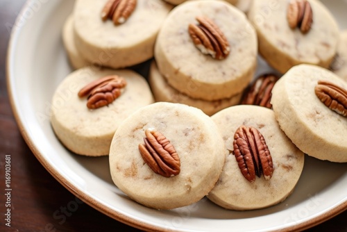 Yummy Butter Pecan Sandies Cookies Stacked in a Rustic Setting – Ideal for Food Photography. photo