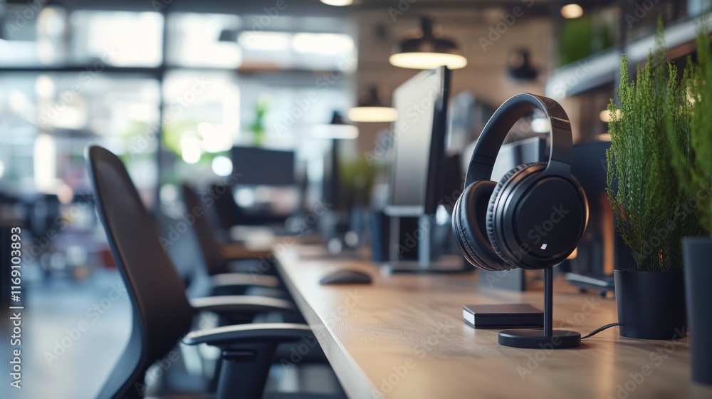 A modern workspace is designed for productivity, showcasing sleek headphones on a desk with multiple computer setups. Natural light illuminates the area, enhancing focus A modern workspace is designed for productivity, showcasing sleek headphones on a desk with multiple computer setups. Natural light illuminates the area, enhancing focus