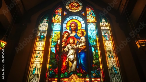 A beautiful stained glass window features a holy family in a historic church. The window displays vibrant colors and intricate designs, illuminating the sacred space with warmth and reverence