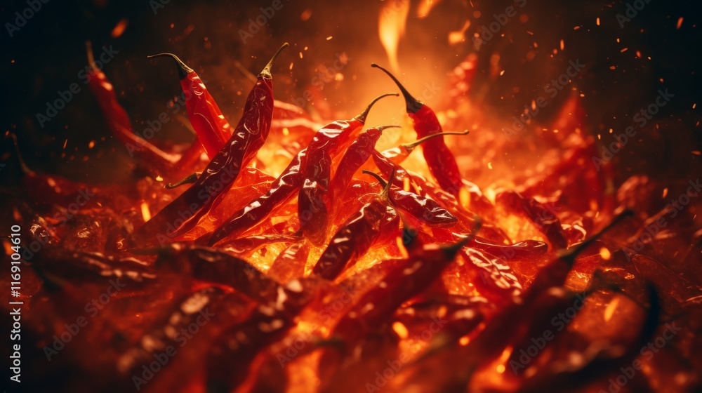Dried red chilies are spread across glowing embers, highlighting their vibrant color against the dark background Dried red chilies are spread across glowing embers, highlighting their vibrant color against the dark background
