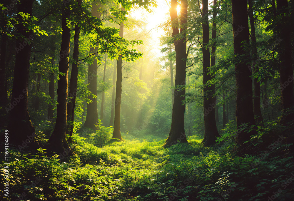 Obraz premium A dense, lush green forest with tall trees and a thick undergrowth of foliage. The sunlight filters through the canopy, creating a warm, vibrant atmosphere