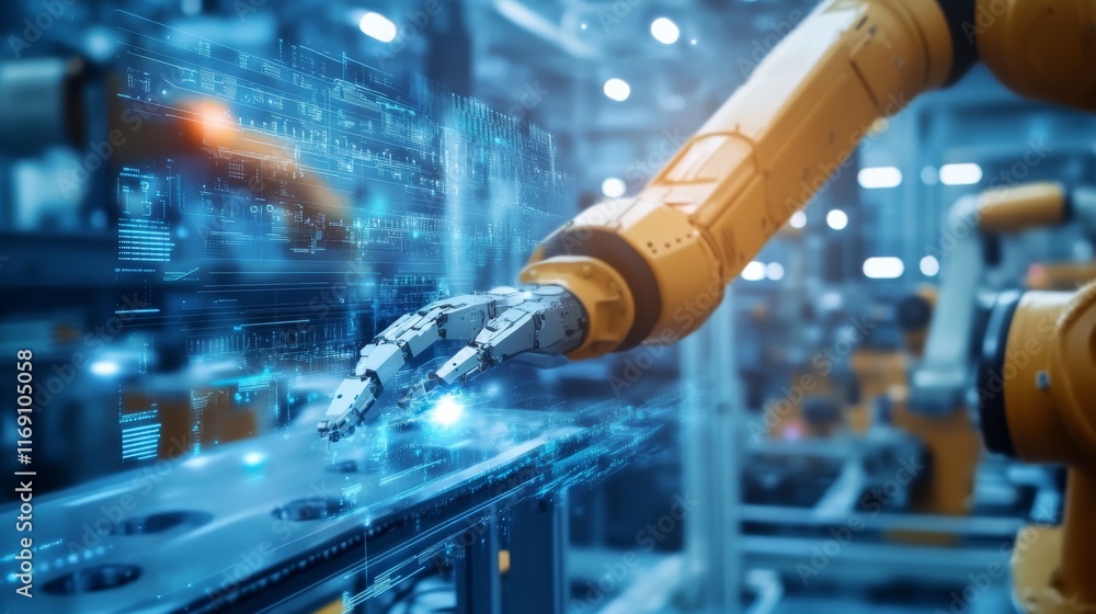 High-tech robotic arm operates alongside a digital interface in a bustling manufacturing facility. This advanced technology enhances efficiency and precision in production processes High-tech robotic arm operates alongside a digital interface in a bustling manufacturing facility. This advanced technology enhances efficiency and precision in production processes