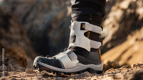 A sturdy hiking boot is showcased on rocky terrain, emphasizing its versatile features for outdoor exploration in various environments throughout the day photo