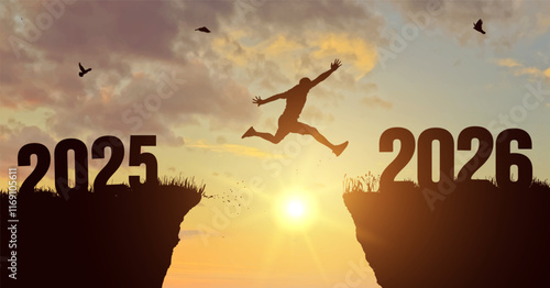 A young man jump between 2025 and 2026 years. Concept vector illustration over the sun and through on the gap of hill silhouette evening colorful sky. Vector illustration. Welcome Happy new year 2026.