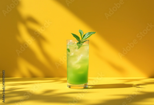 A glass of green liquid with a mint leaf garnish against a bright yellow background