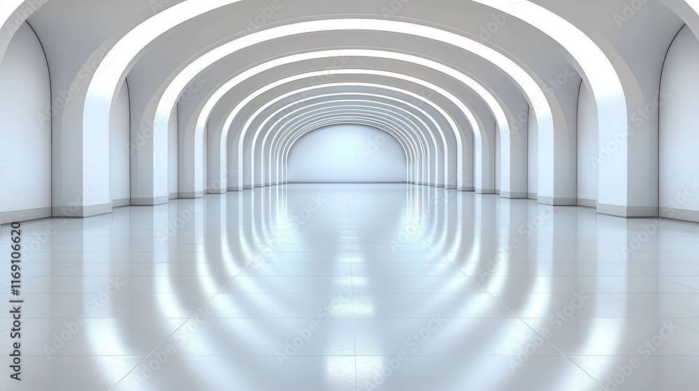 Modern Indoor Space with Elegant Arches and Smooth Reflective Floor in Soft White Light Modern Indoor Space with Elegant Arches and Smooth Reflective Floor in Soft White Light