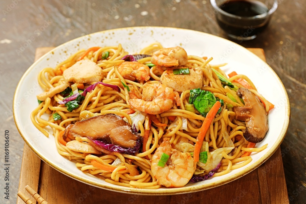 Japanese-style yakisoba noodles stir-fried with shrimp, vegetables, and savory sauce. Japanese-style yakisoba noodles stir-fried with shrimp, vegetables, and savory sauce.