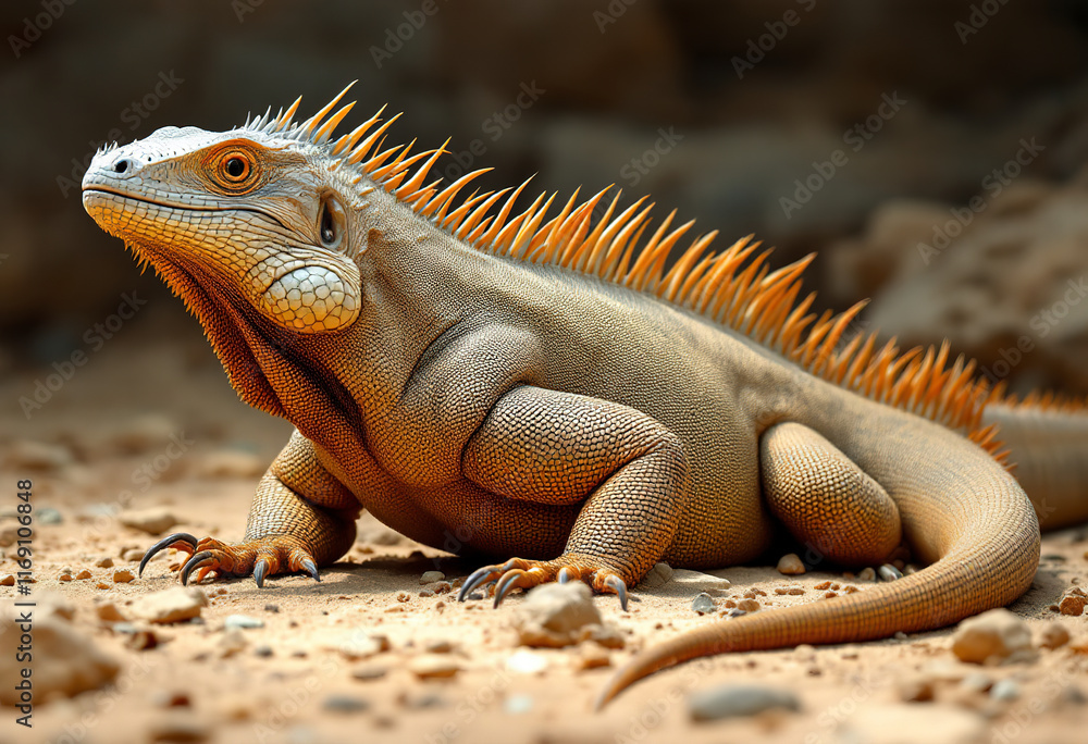 A large brown lizard-like creature with a spiny back and long tail resting on a rocky, sandy ground A large brown lizard-like creature with a spiny back and long tail resting on a rocky, sandy ground