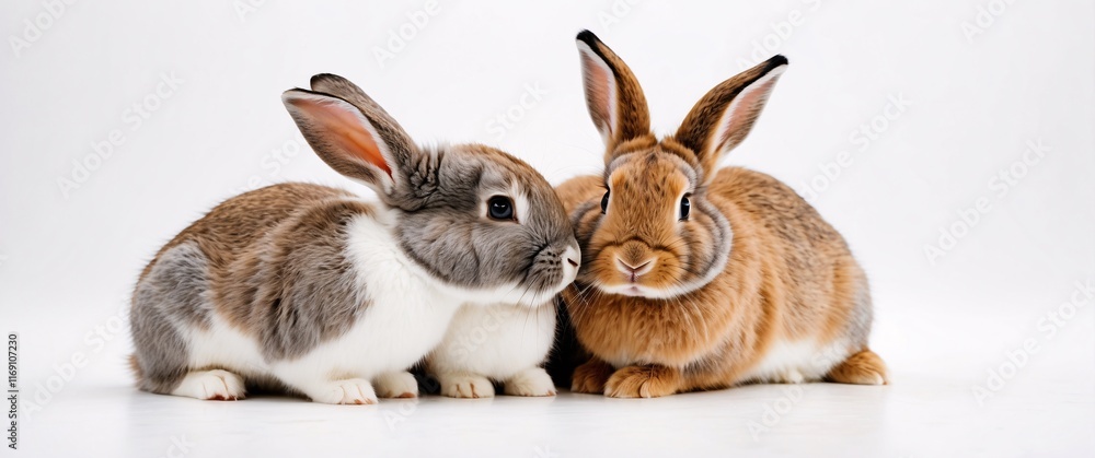 Fototapeta premium A pair of rabbits cuddling together on a smooth white backdrop