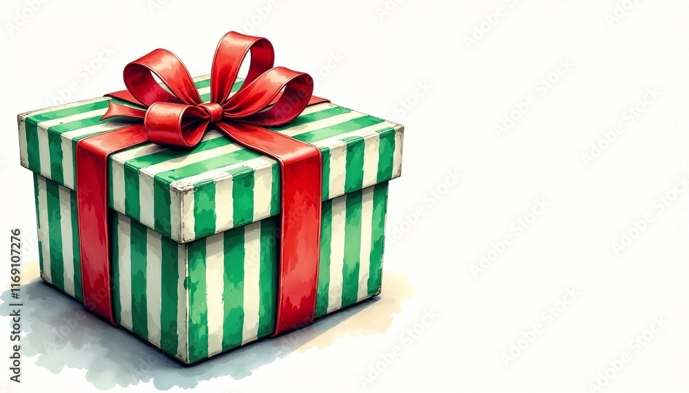 Obraz premium Festive watercolor illustration of a striped green and white gift box with red ribbon