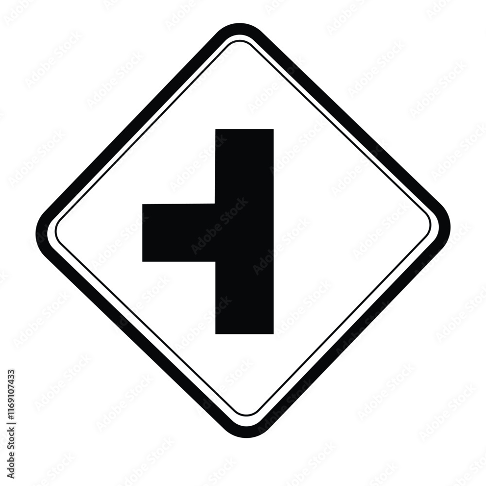 Traffic warning sign ahead there is a T-junction to the left isolated on white background.highway. Traffic warning sign ahead there is a T-junction to the left isolated on white background.highway.