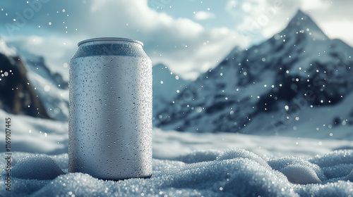 A white beer can is depicted in the snow against the background of mountains and plentifully falling snow, which creates a promotional video poster.