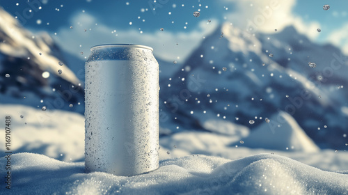 A white beer can is depicted in the snow against the background of mountains and plentifully falling snow, which creates a promotional video poster. photo