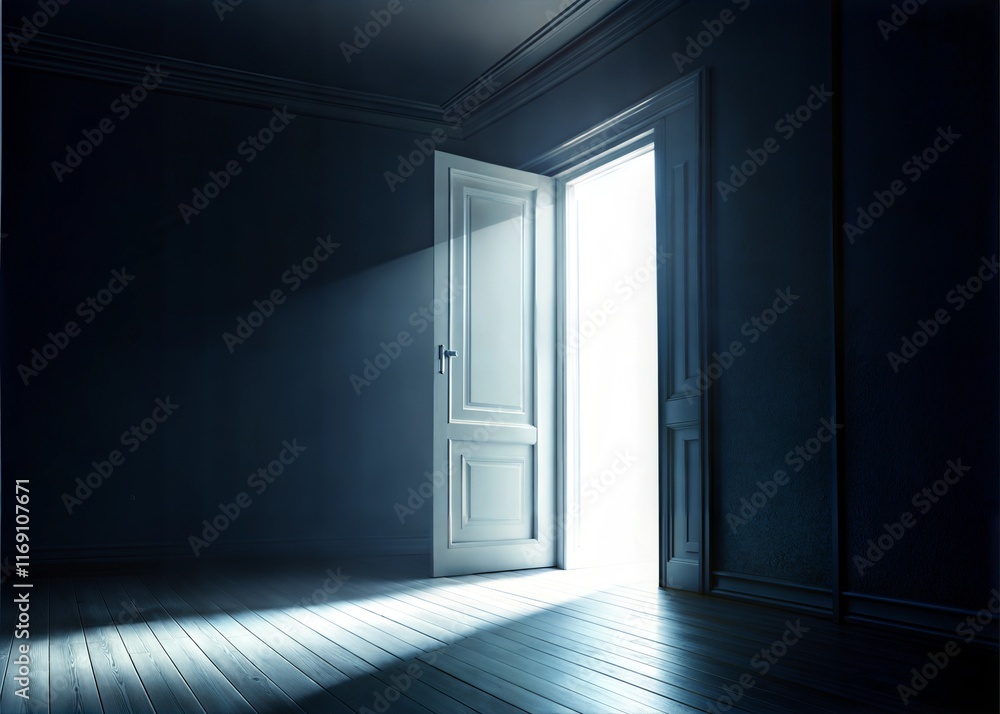 Fototapeta premium Dark Room Door Opening to Bright White Light in 4K Resolution 3D Render Animation