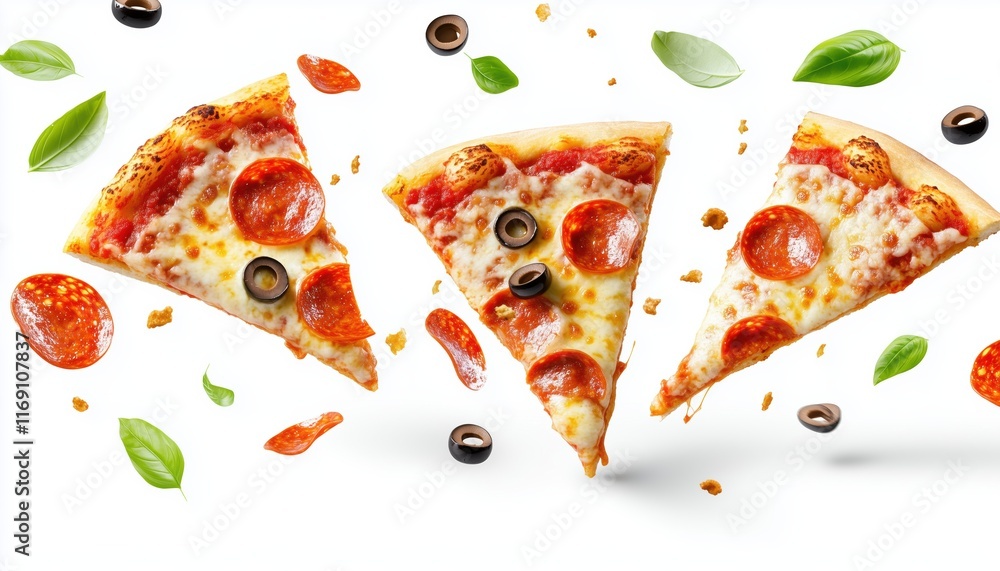 Pizza Slices Soaring Across A White Background: Tasty Pepperoni And Olive Pizza With Melting Cheese And Basil Leaves. Italian Delight. Pizza Slices Soaring Across A White Background: Tasty Pepperoni And Olive Pizza With Melting Cheese And Basil Leaves. Italian Delight.