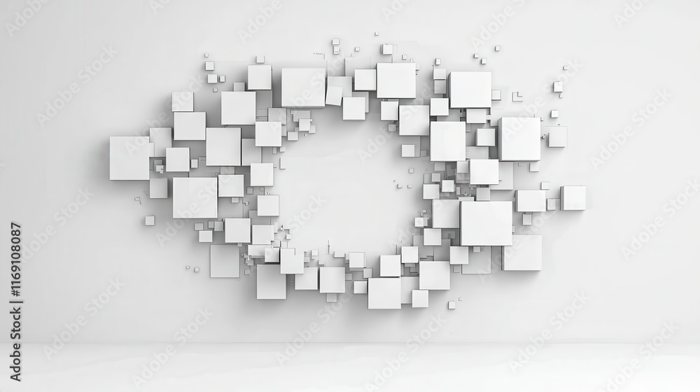 Abstract Composition of Floating White Squares on a Light Gray Background for Modern Design Concepts