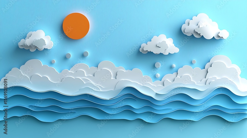 Paper cut-out style ocean scene with sun and clouds. Paper cut-out style ocean scene with sun and clouds.