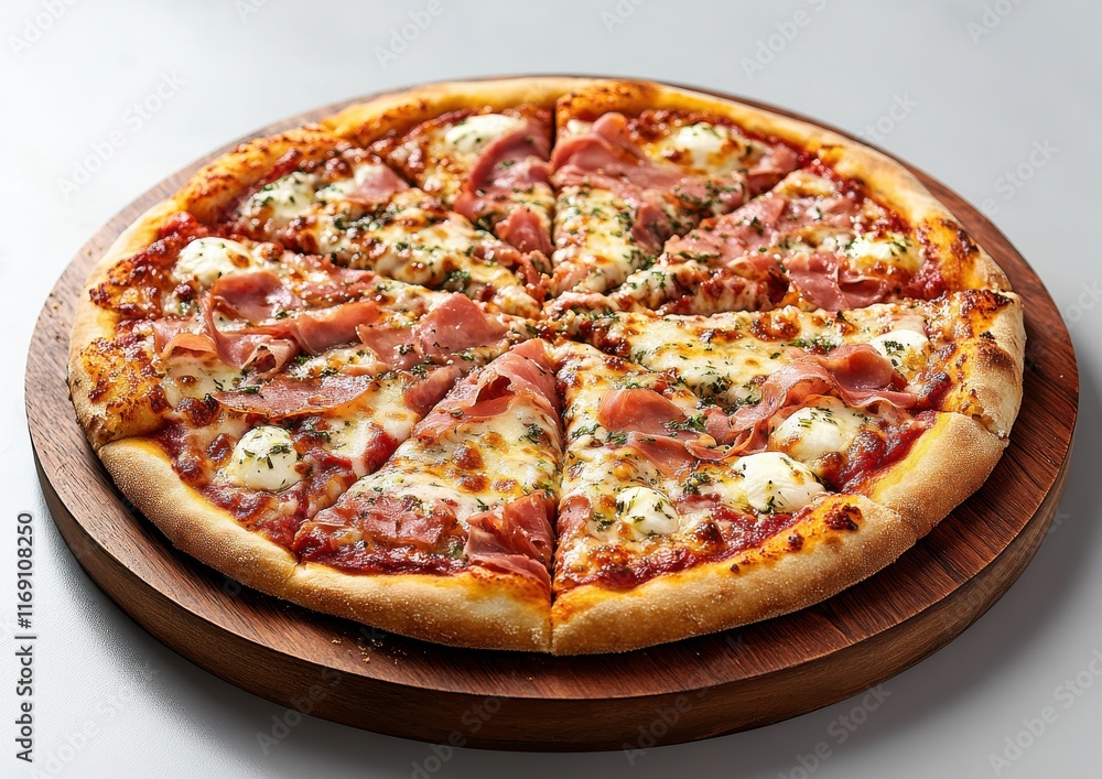 Delicious Freshly Baked Pizza with Toppings of Cheese, Ham, Herbs, and Tomato Sauce Served on a Wooden Board Ready for Enjoyment and Sharing Delicious Freshly Baked Pizza with Toppings of Cheese, Ham, Herbs, and Tomato Sauce Served on a Wooden Board Ready for Enjoyment and Sharing