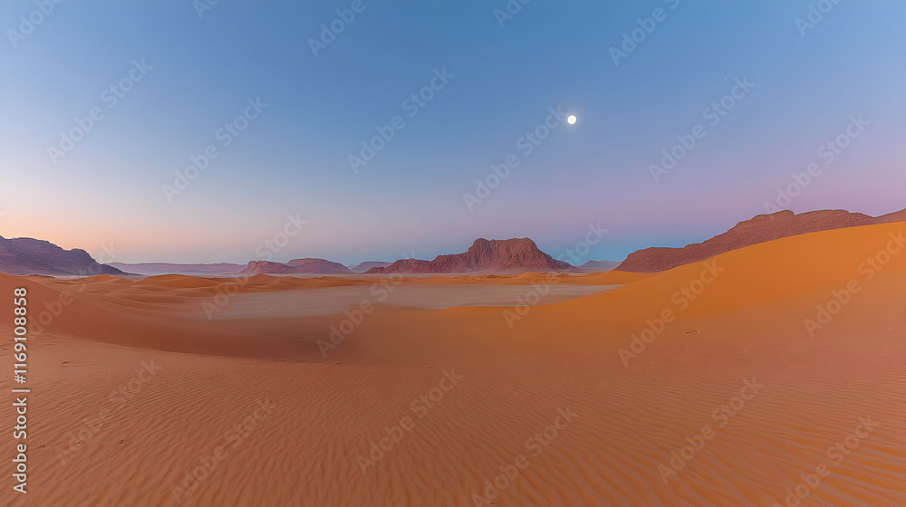 Fototapeta premium Serene desert landscape at dawn with sand dunes, mountains, and a crescent moon in the sky.