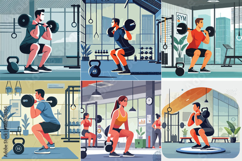 A person is exercising by doing gym squats using weights with a minimalist flat design stayle