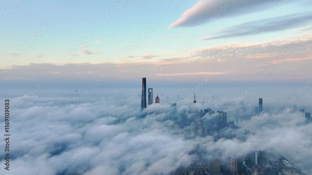 Stunning view of Shanghai skyline emerging above clouds at dawn Stunning view of Shanghai skyline emerging above clouds at dawn