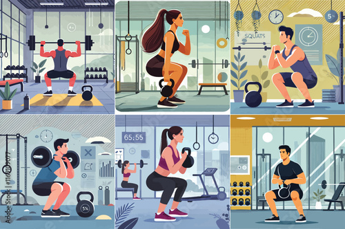 A person is exercising by doing gym squats using weights with a minimalist flat design stayle