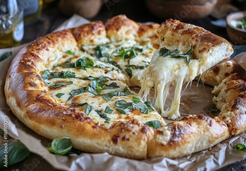 Delicious Gourmet Cheese Pizza with Fresh Basil Topping and Golden Crispy Crust, Topped with Melted Cheese and Served on Rustic Wooden Table