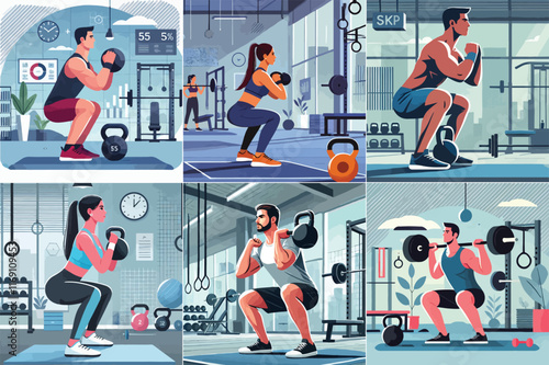 A person is exercising by doing gym squats using weights with a minimalist flat design stayle