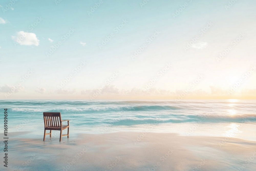 Lone wooden chair facing the horizon on the beach Lone wooden chair facing the horizon on the beach