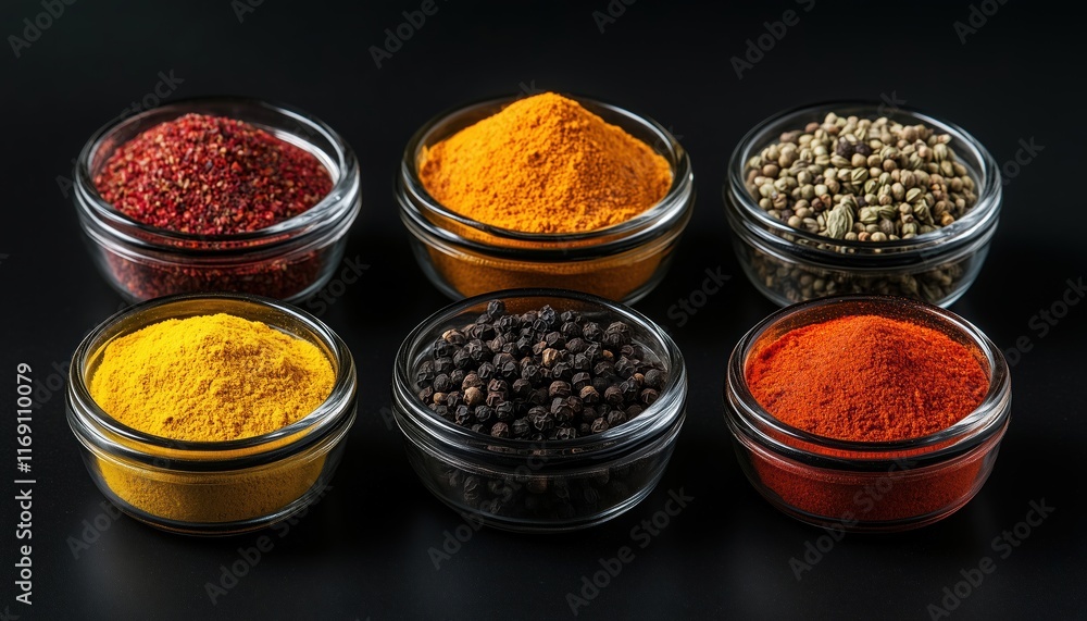 Top View Of Small Bowls Filled With A Variety Of Spices And Herbs For Cooking On A Black Stone Table With Copy Space. Top View Of Small Bowls Filled With A Variety Of Spices And Herbs For Cooking On A Black Stone Table With Copy Space.