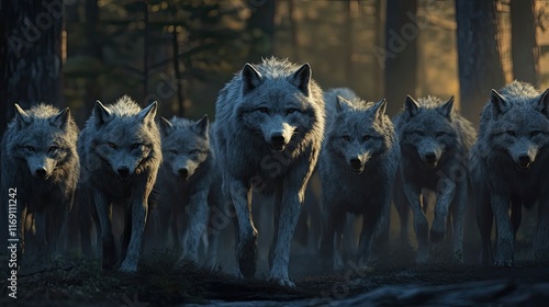 A pack of wolves walks through a dark forest