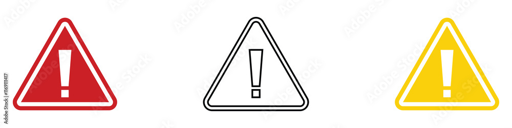 Set of universal warning triangle icons in red and yellow. Perfect for high-visibility safety alerts, cautionary designs, traffic signals, and hazard communication projects. Set of universal warning triangle icons in red and yellow. Perfect for high-visibility safety alerts, cautionary designs, traffic signals, and hazard communication projects.