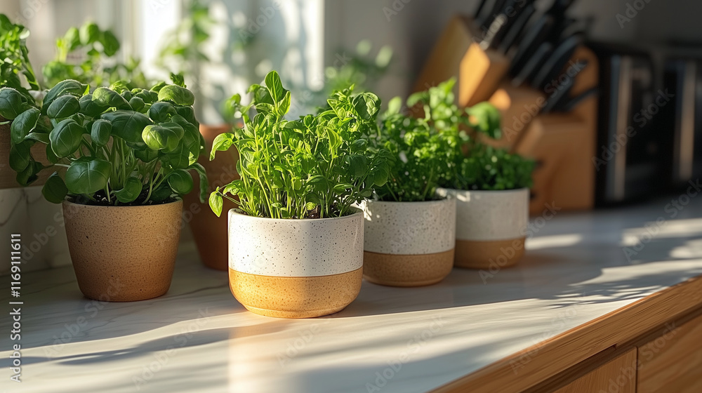 A bright photo shows several small potted green plants in a kitchen A bright photo shows several small potted green plants in a kitchen