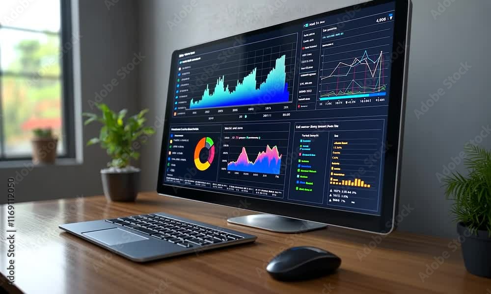 Data visualization on a computer screen with graphs and charts. Data visualization on a computer screen with graphs and charts.