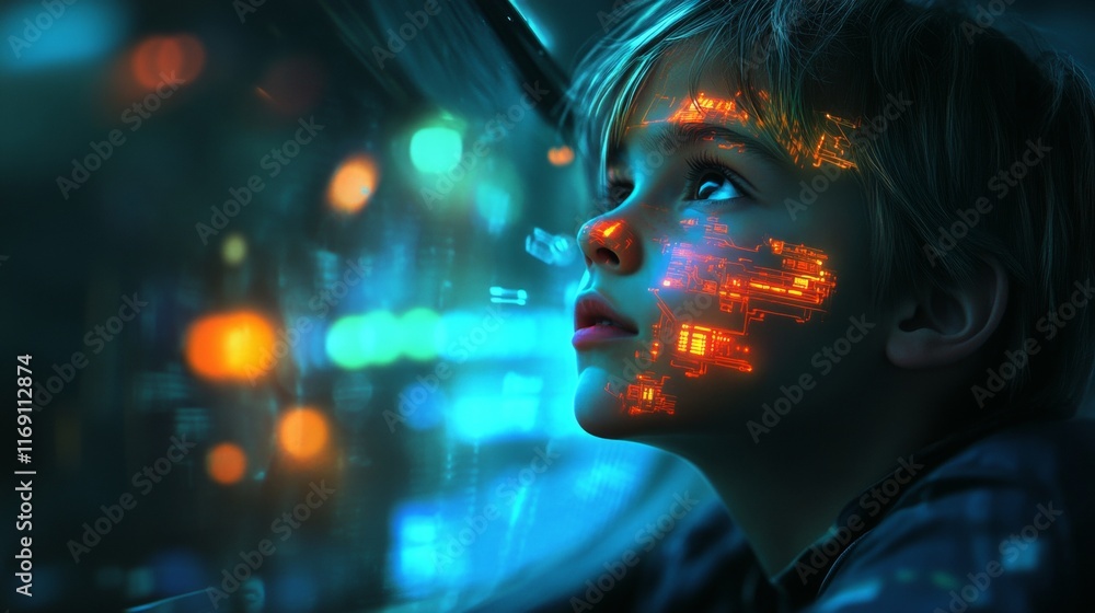 Young Boy with Glowing Circuits, Futuristic Technology and Artificial Intelligence Concept Young Boy with Glowing Circuits, Futuristic Technology and Artificial Intelligence Concept