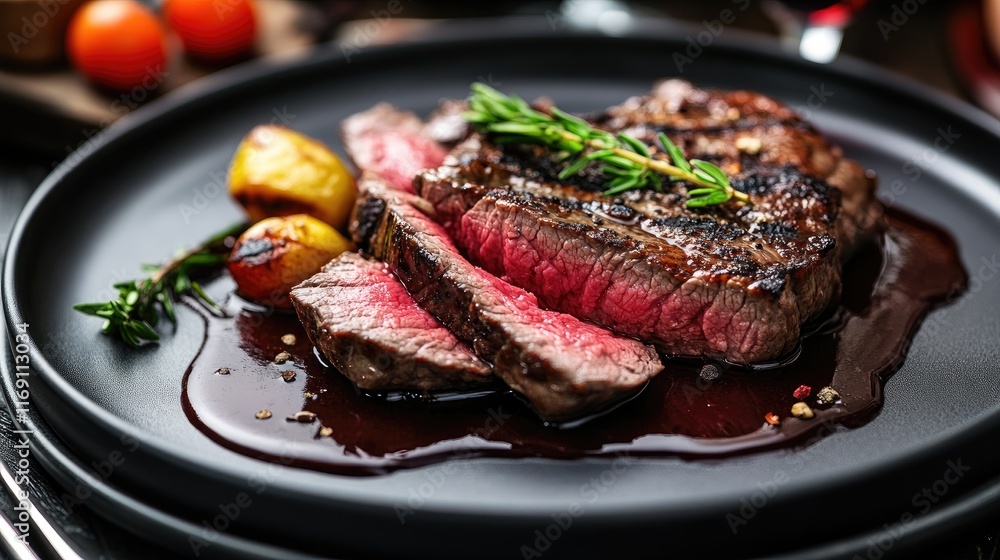 A tenderloin steak sliced and served with a rich red wine sauce, on a plate with a fine dining setting. A tenderloin steak sliced and served with a rich red wine sauce, on a plate with a fine dining setting.