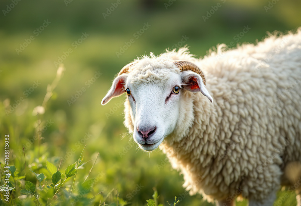 A white sheep grazing on a grassy field A white sheep grazing on a grassy field