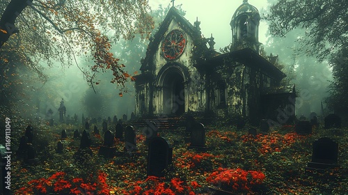 An Old Church Stands in a Foggy Autumn Cemetery photo