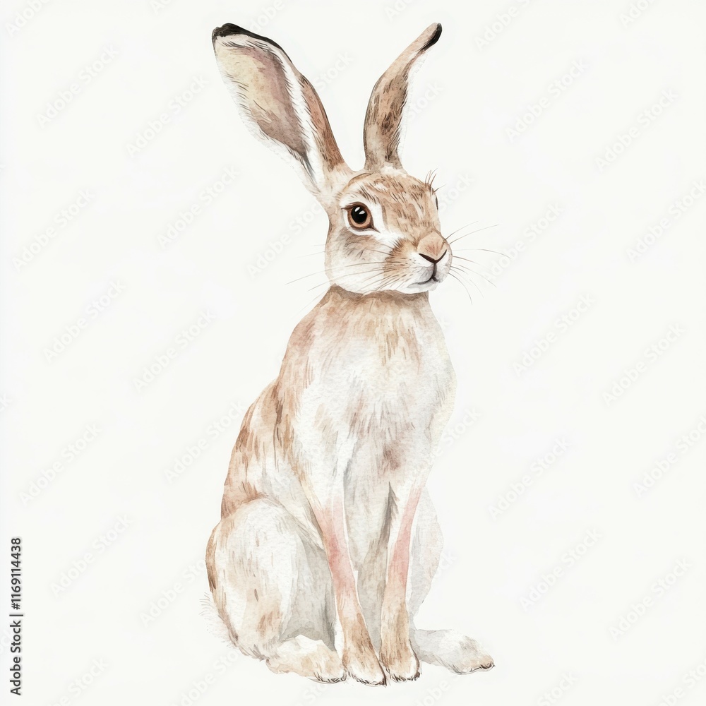 Illustration of a realistic brown hare sitting gracefully against a white background Illustration of a realistic brown hare sitting gracefully against a white background