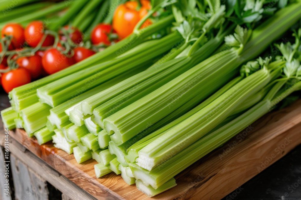 A bundle of crisp green celery stalks arranged on a rustic wooden surface, complemented by bright red tomatoes in the background, creating a vibrant fresh display.
A bundle of crisp green celery stalks arranged on a rustic wooden surface, complemented by bright red tomatoes in the background, creating a vibrant fresh display.
