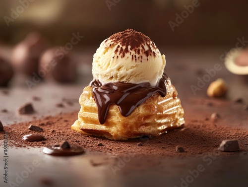 Delicious Dessert Featuring a Waffle Base Topped With Creamy Vanilla Ice Cream and Drizzled With Rich Chocolate Sauce photo